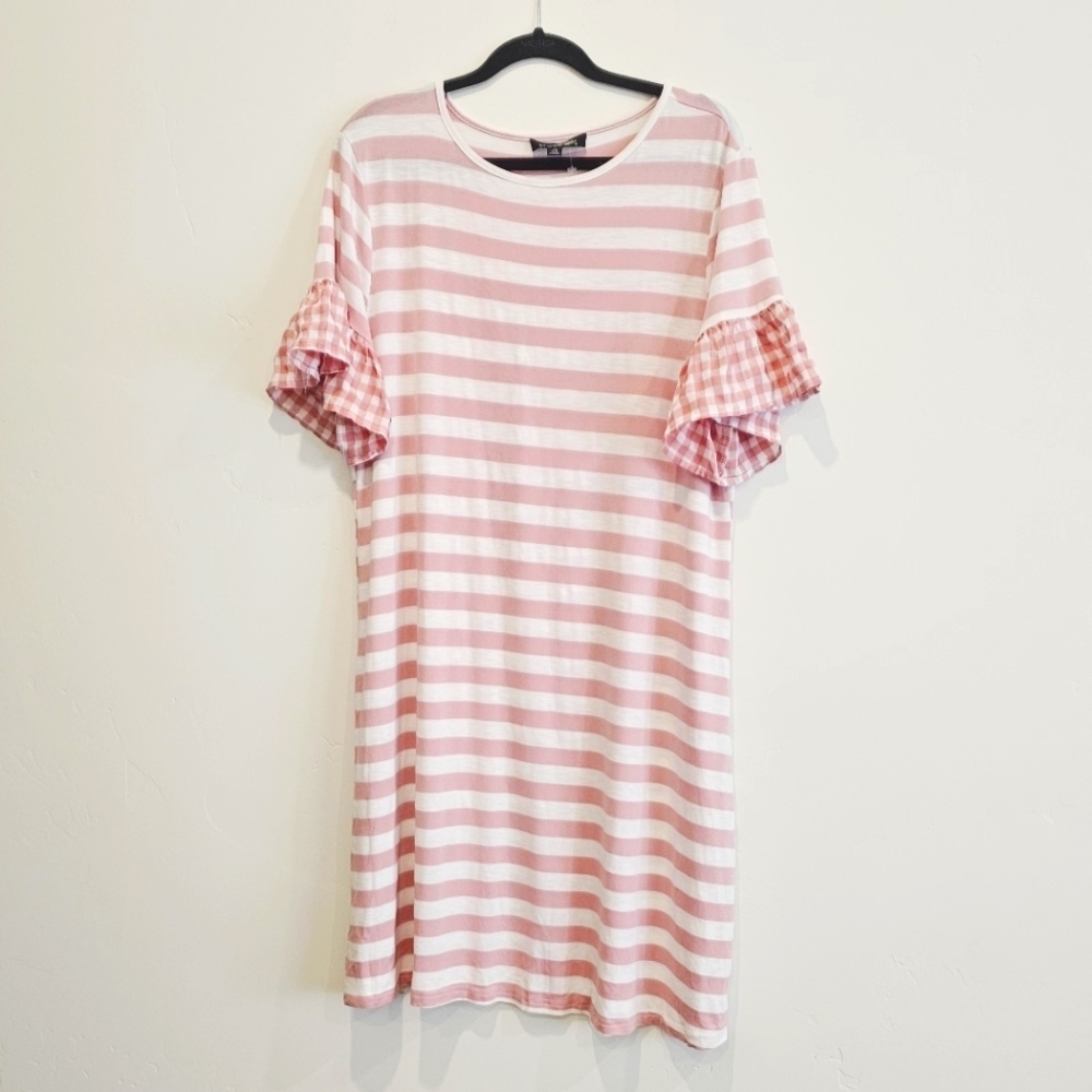 Suzanne Betro Pink/White Striped With Ruffle Sleeves Women T-Shirt Dress Size XL